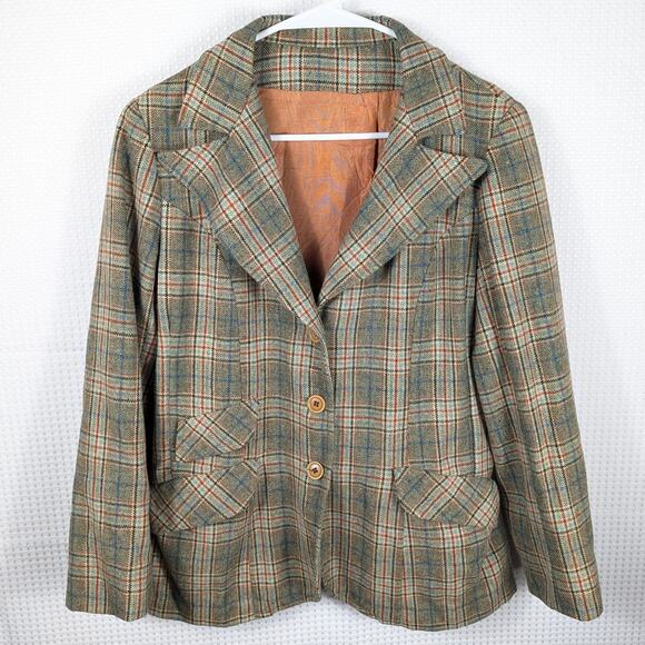 Vintage 1960s Plaid Wool Blazer Womens Size 12 Brown Blue Lined Jacket 2 Button - Picture 1 of 5